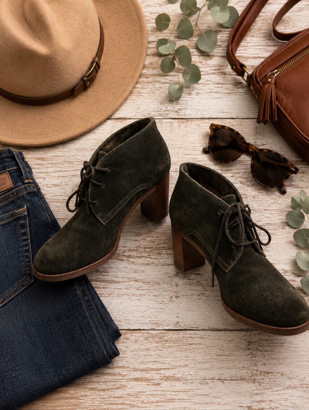 Johnson And Murphy Olive Green Lace Up 3.5 Inch Heel Suede Booties Ladies 7.5
